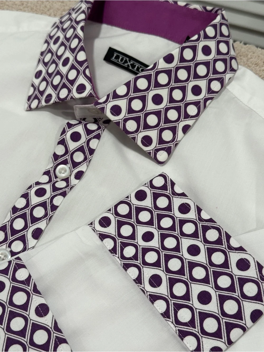 Luxtton Men’s Dress Shirt 16/32–33 White w/ Purple Contrast Trim Modern Fit
